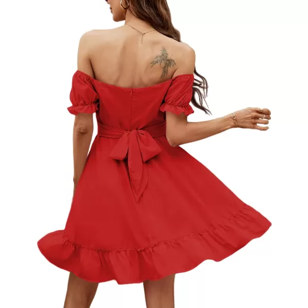 LYANER Women's Off Shoulder Puff Short Sleeve Ruffle High Waist Summer Mini Dress