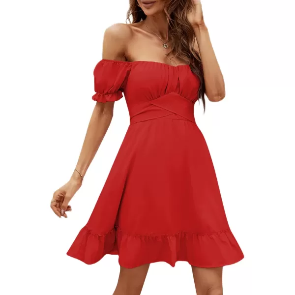 LYANER Women's Off Shoulder Puff Short Sleeve Ruffle High Waist Summer Mini Dress