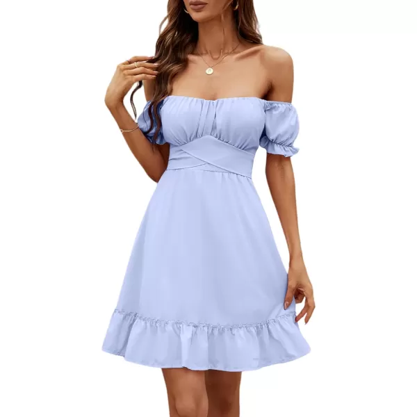 LYANER Women's Off Shoulder Puff Short Sleeve Ruffle High Waist Summer Mini Dress