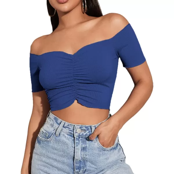 LYANER Women's Off Shoulder Ruched Short Sleeve Rib Knit Sexy Crop Top Blouse