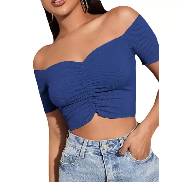 LYANER Women's Off Shoulder Ruched Short Sleeve Rib Knit Sexy Crop Top Blouse