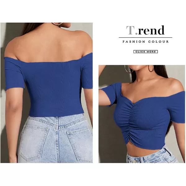 LYANER Women's Off Shoulder Ruched Short Sleeve Rib Knit Sexy Crop Top Blouse