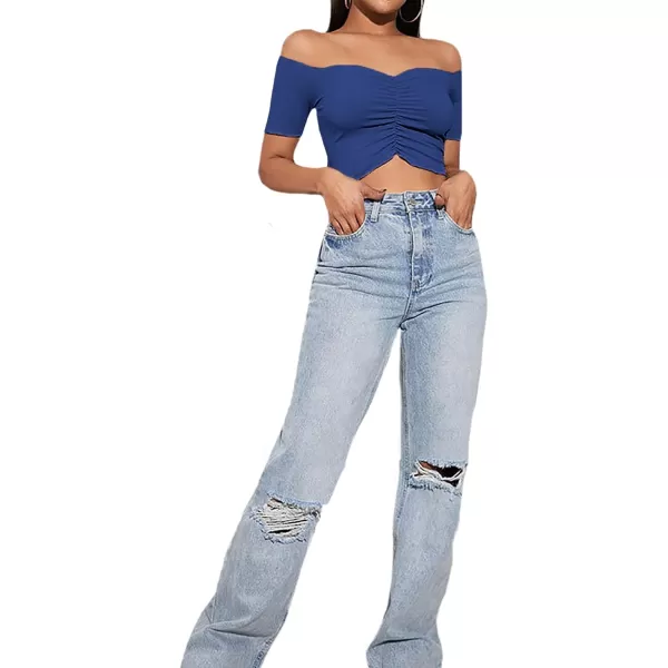 LYANER Women's Off Shoulder Ruched Short Sleeve Rib Knit Sexy Crop Top Blouse