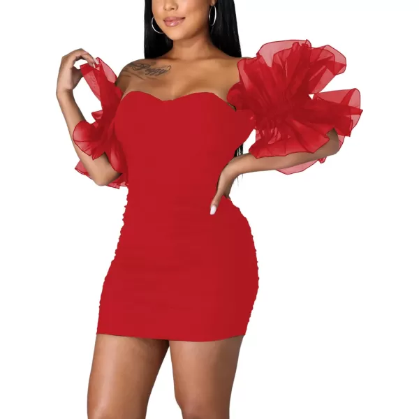 LYANER Women’s Off Shoulder Ruffle Sleeve Stretchy Party Club Bodycon Mini Dress