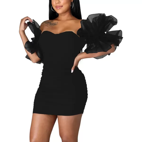 LYANER Women’s Off Shoulder Ruffle Sleeve Stretchy Party Club Bodycon Mini Dress