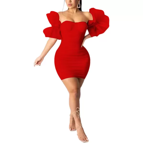 LYANER Women’s Off Shoulder Ruffle Sleeve Stretchy Party Club Bodycon Mini Dress