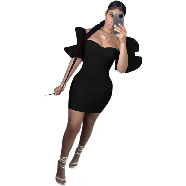 LYANER Women’s Off Shoulder Ruffle Sleeve Stretchy Party Club Bodycon Mini Dress