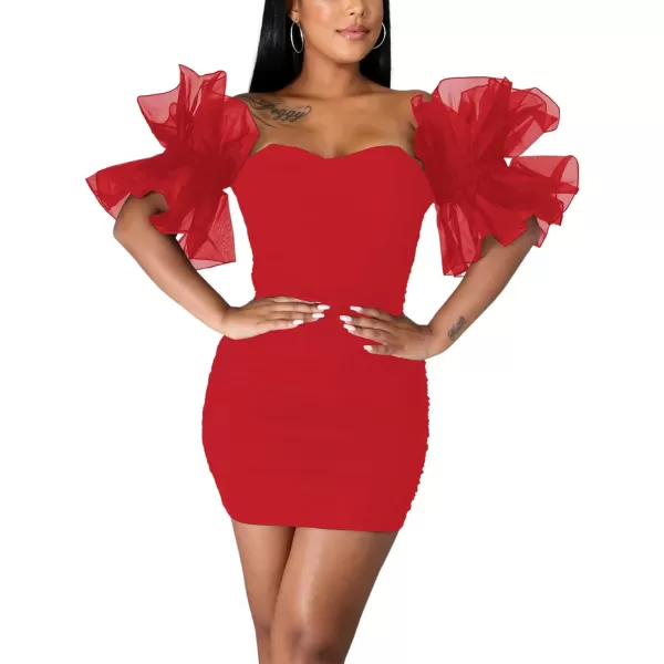 LYANER Women’s Off Shoulder Ruffle Sleeve Stretchy Party Club Bodycon Mini Dress