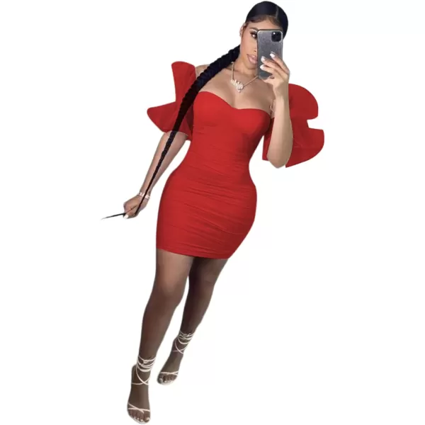 LYANER Women’s Off Shoulder Ruffle Sleeve Stretchy Party Club Bodycon Mini Dress