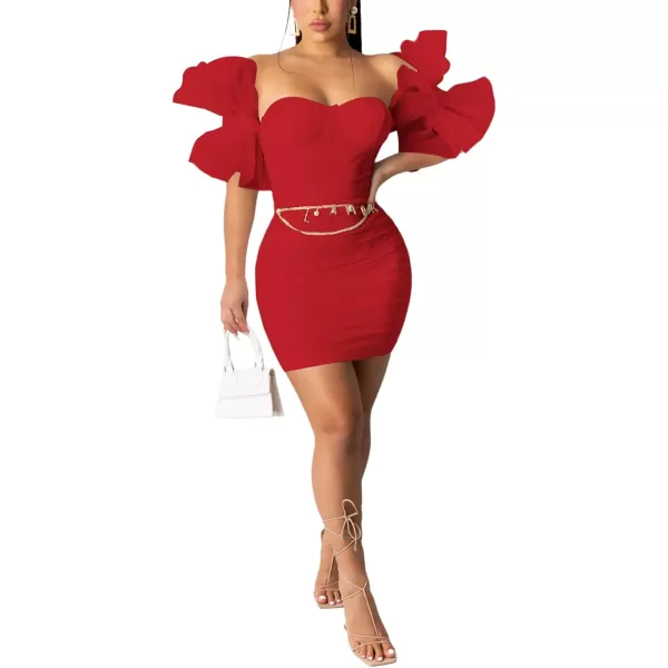 LYANER Women’s Off Shoulder Ruffle Sleeve Stretchy Party Club Bodycon Mini Dress