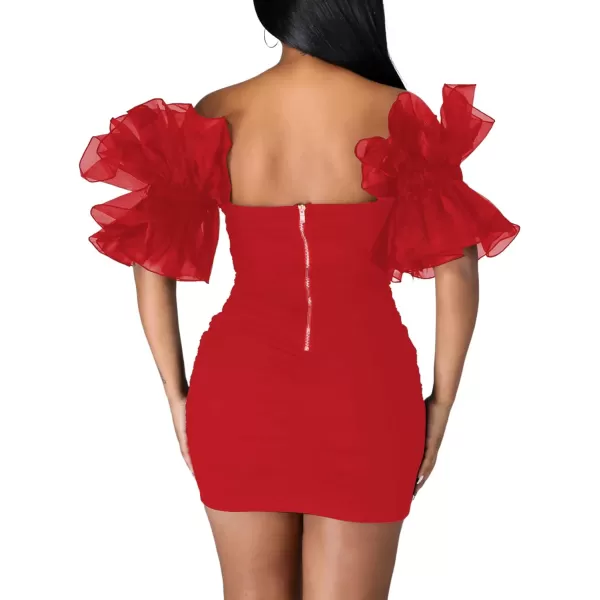 LYANER Women’s Off Shoulder Ruffle Sleeve Stretchy Party Club Bodycon Mini Dress