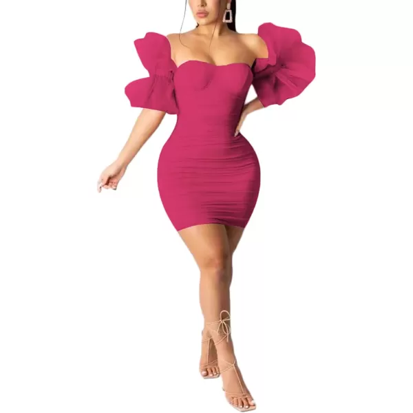 LYANER Women’s Off Shoulder Ruffle Sleeve Stretchy Party Club Bodycon Mini Dress