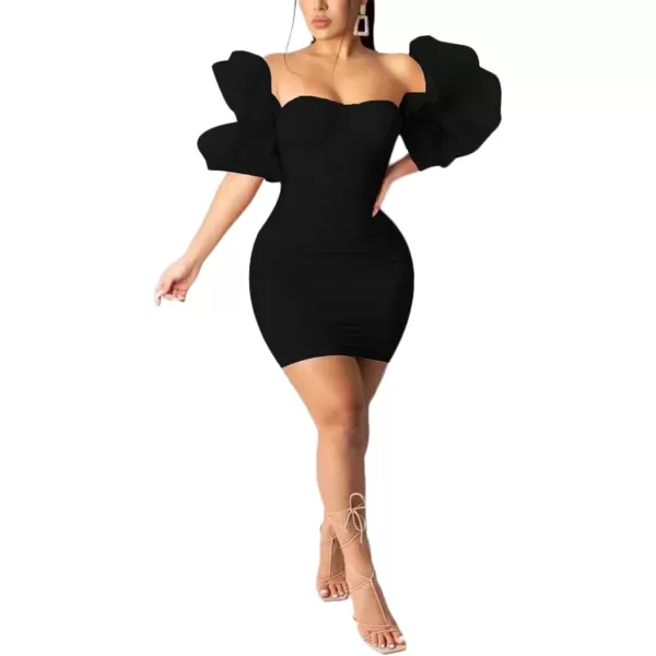 LYANER Women’s Off Shoulder Ruffle Sleeve Stretchy Party Club Bodycon Mini Dress