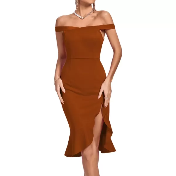 LYANER Women's Off Shoulder Ruffle Split Hem Bodycon Party Club Midi Dress