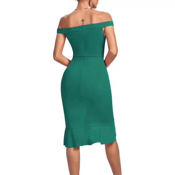 LYANER Women's Off Shoulder Ruffle Split Hem Bodycon Party Club Midi Dress