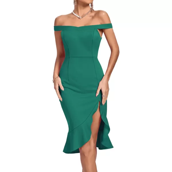 LYANER Women's Off Shoulder Ruffle Split Hem Bodycon Party Club Midi Dress