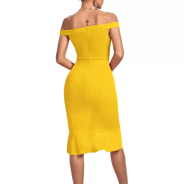 LYANER Women's Off Shoulder Ruffle Split Hem Bodycon Party Club Midi Dress