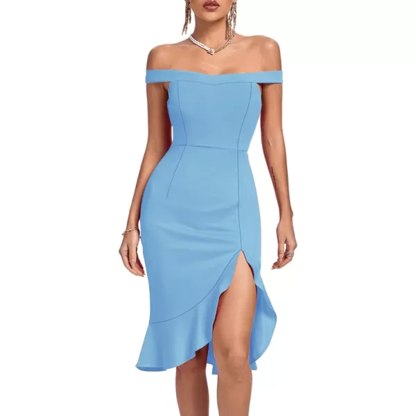 LYANER Women's Off Shoulder Ruffle Split Hem Bodycon Party Club Midi Dress