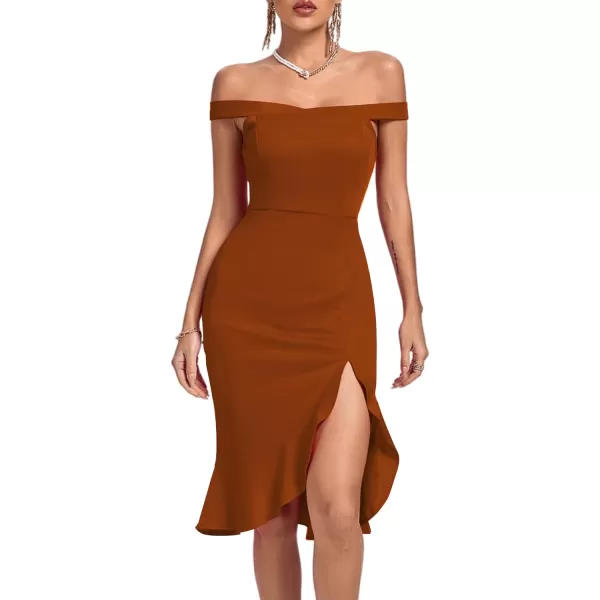 LYANER Women's Off Shoulder Ruffle Split Hem Bodycon Party Club Midi Dress