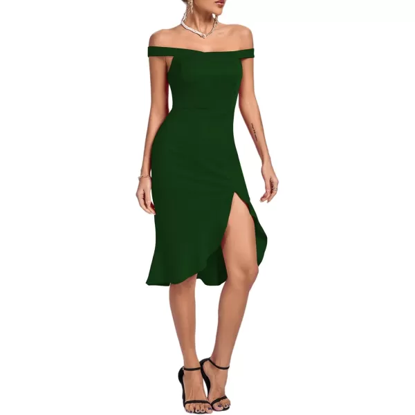 LYANER Women's Off Shoulder Ruffle Split Hem Bodycon Party Club Midi Dress