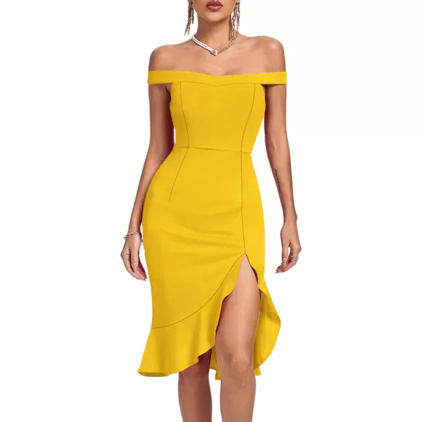 LYANER Women's Off Shoulder Ruffle Split Hem Bodycon Party Club Midi Dress