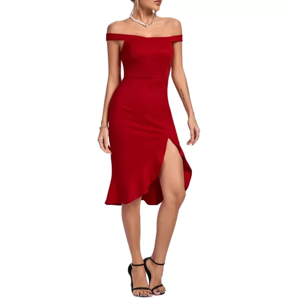 LYANER Women's Off Shoulder Ruffle Split Hem Bodycon Party Club Midi Dress