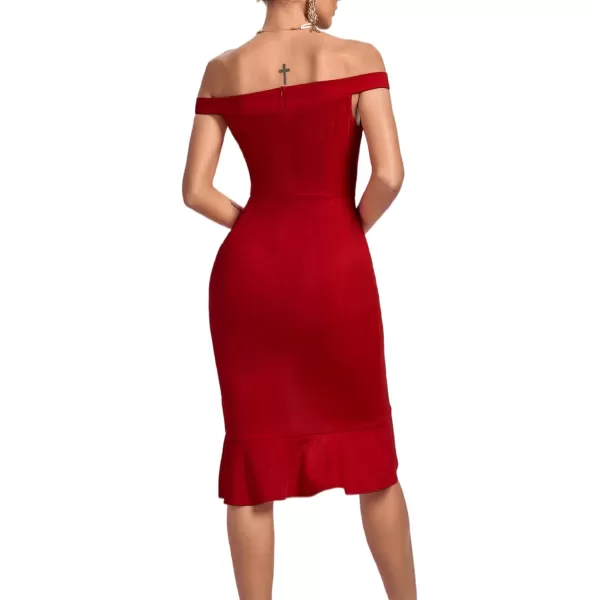 LYANER Women's Off Shoulder Ruffle Split Hem Bodycon Party Club Midi Dress