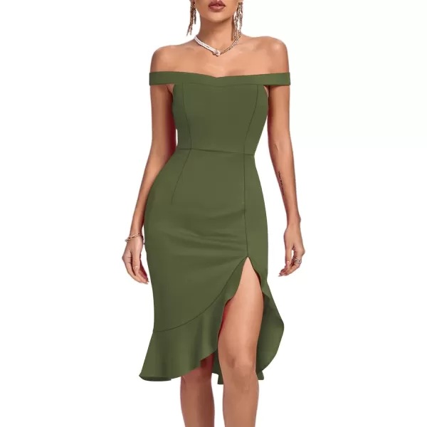LYANER Women's Off Shoulder Ruffle Split Hem Bodycon Party Club Midi Dress