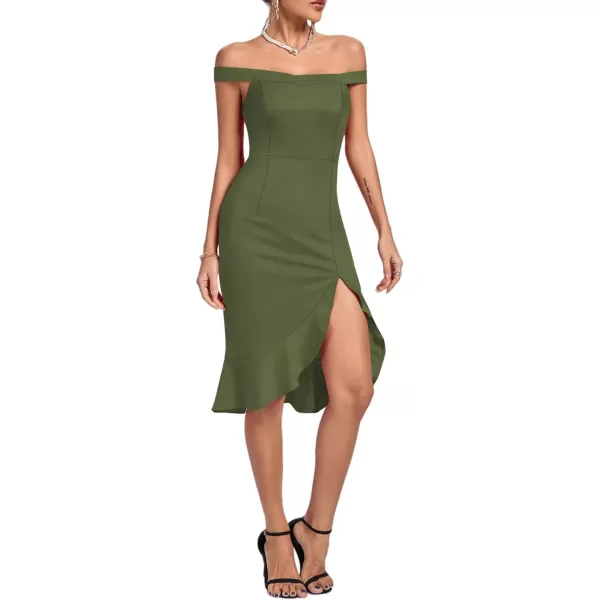 LYANER Women's Off Shoulder Ruffle Split Hem Bodycon Party Club Midi Dress