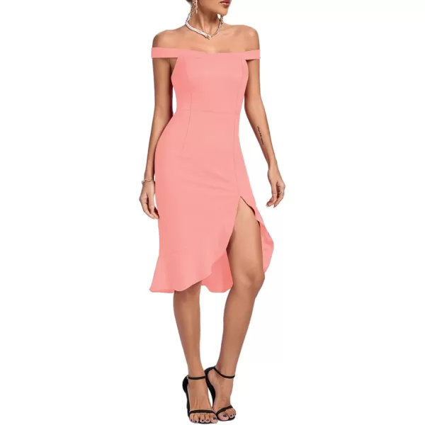 LYANER Women's Off Shoulder Ruffle Split Hem Bodycon Party Club Midi Dress