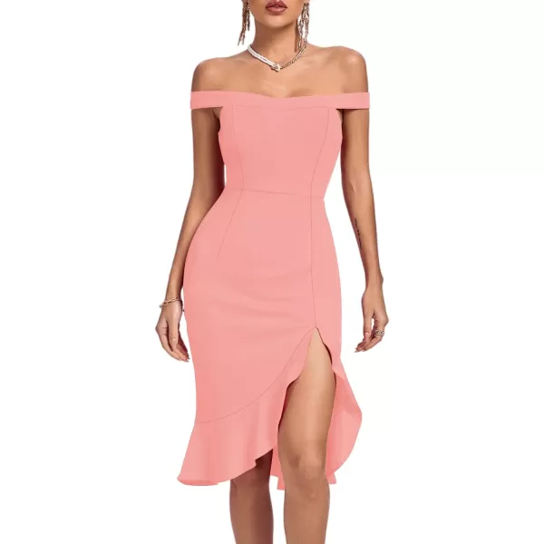 LYANER Women's Off Shoulder Ruffle Split Hem Bodycon Party Club Midi Dress