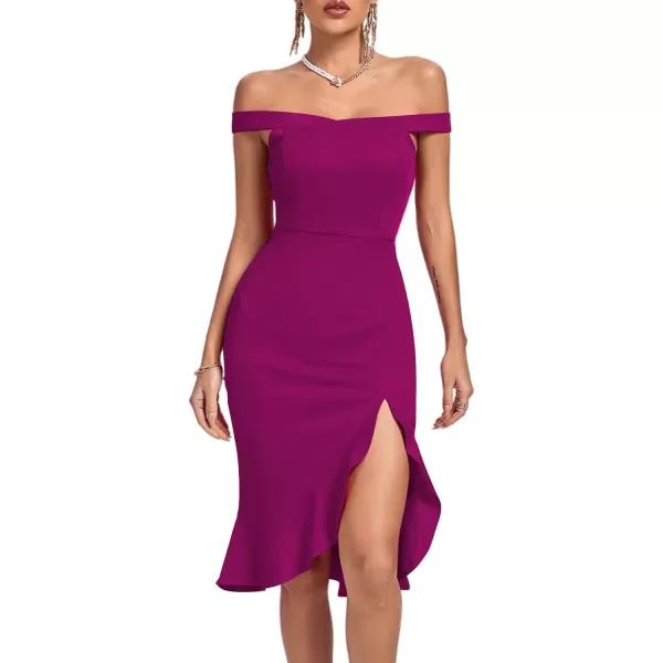 LYANER Women's Off Shoulder Ruffle Split Hem Bodycon Party Club Midi Dress