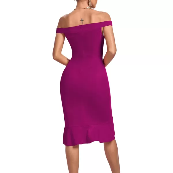 LYANER Women's Off Shoulder Ruffle Split Hem Bodycon Party Club Midi Dress