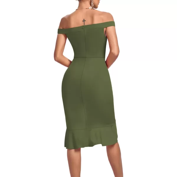 LYANER Women's Off Shoulder Ruffle Split Hem Bodycon Party Club Midi Dress