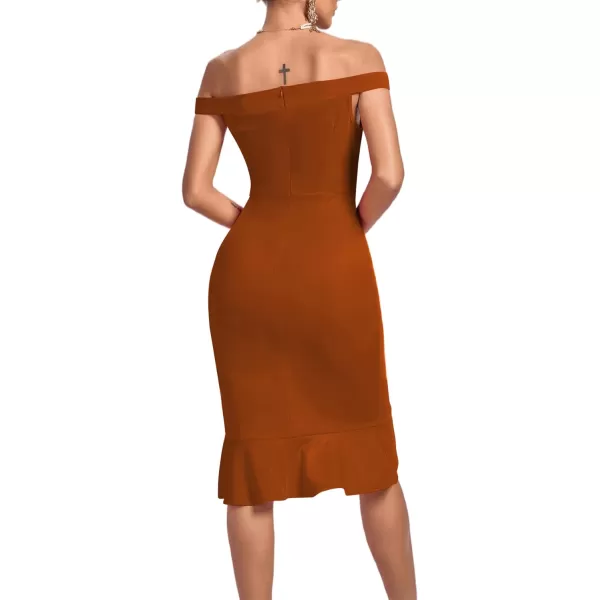 LYANER Women's Off Shoulder Ruffle Split Hem Bodycon Party Club Midi Dress