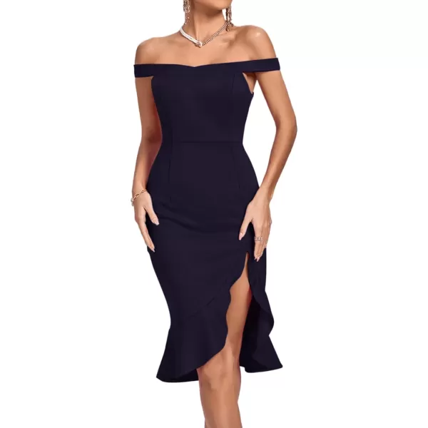 LYANER Women's Off Shoulder Ruffle Split Hem Bodycon Party Club Midi Dress