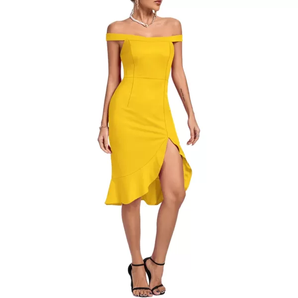 LYANER Women's Off Shoulder Ruffle Split Hem Bodycon Party Club Midi Dress