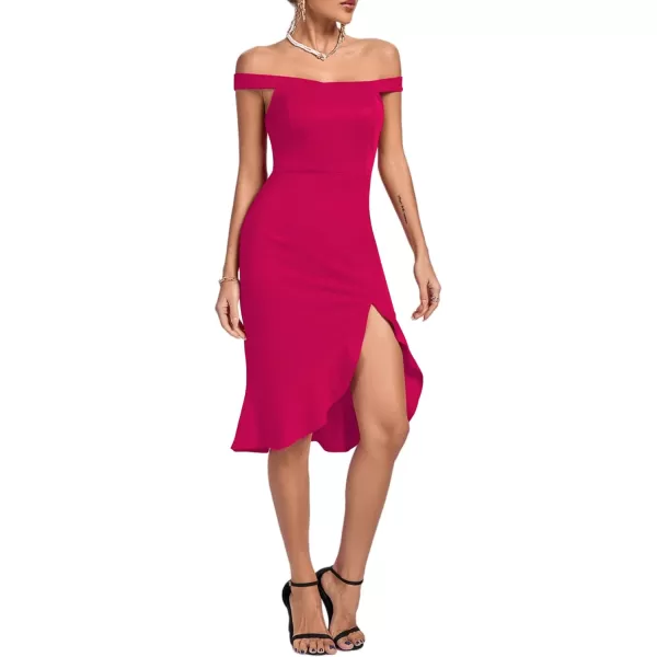 LYANER Women's Off Shoulder Ruffle Split Hem Bodycon Party Club Midi Dress