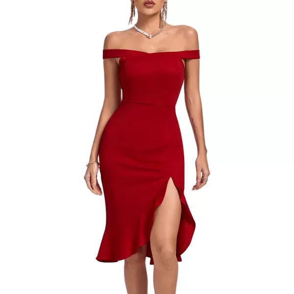 LYANER Women's Off Shoulder Ruffle Split Hem Bodycon Party Club Midi Dress