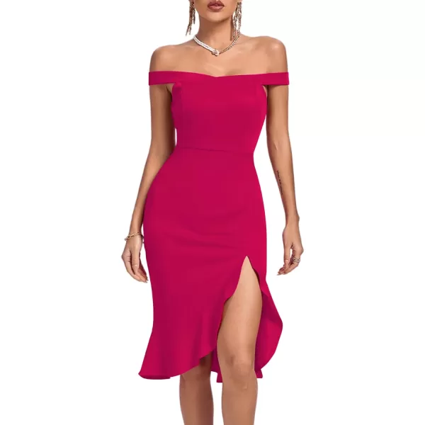 LYANER Women's Off Shoulder Ruffle Split Hem Bodycon Party Club Midi Dress