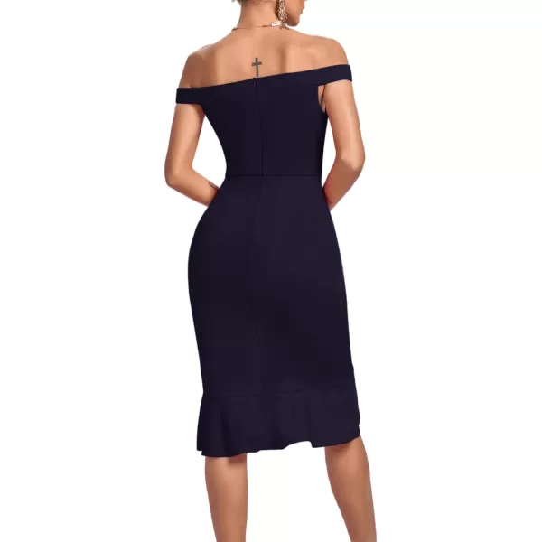 LYANER Women's Off Shoulder Ruffle Split Hem Bodycon Party Club Midi Dress