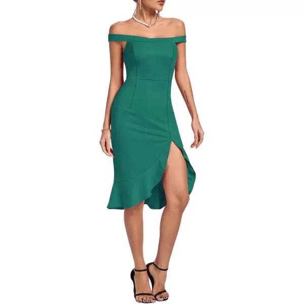 LYANER Women's Off Shoulder Ruffle Split Hem Bodycon Party Club Midi Dress