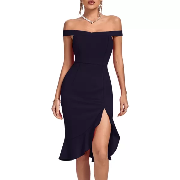 LYANER Women's Off Shoulder Ruffle Split Hem Bodycon Party Club Midi Dress