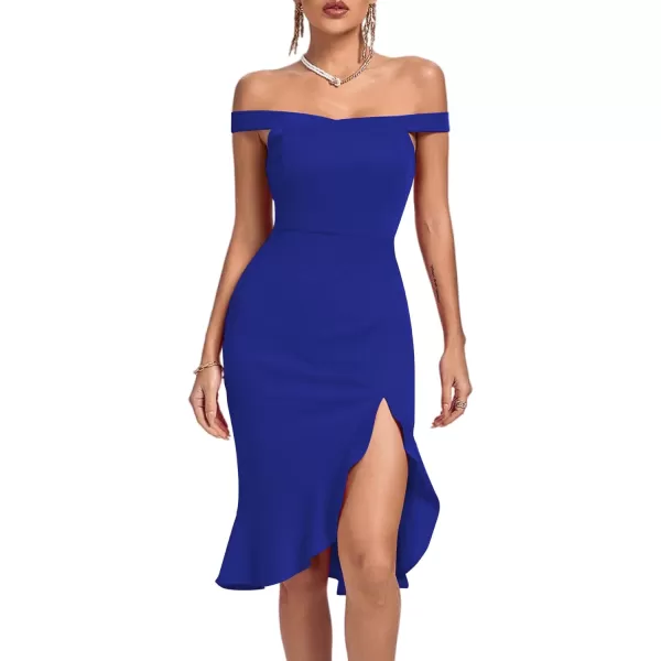LYANER Women's Off Shoulder Ruffle Split Hem Bodycon Party Club Midi Dress