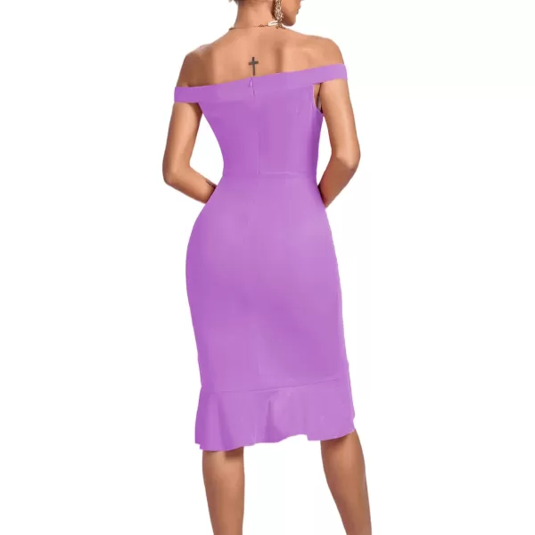 LYANER Women's Off Shoulder Ruffle Split Hem Bodycon Party Club Midi Dress