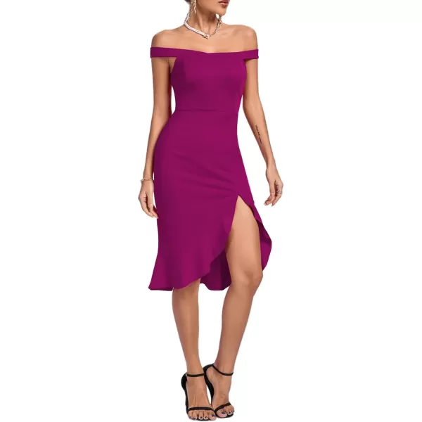 LYANER Women's Off Shoulder Ruffle Split Hem Bodycon Party Club Midi Dress