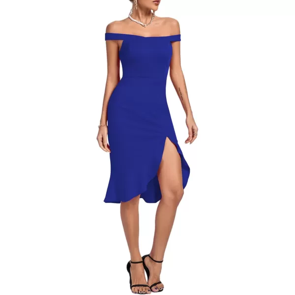 LYANER Women's Off Shoulder Ruffle Split Hem Bodycon Party Club Midi Dress