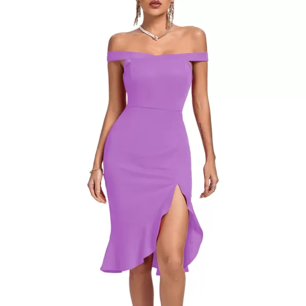LYANER Women's Off Shoulder Ruffle Split Hem Bodycon Party Club Midi Dress