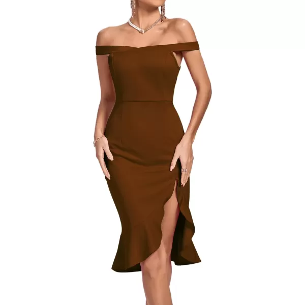 LYANER Women's Off Shoulder Ruffle Split Hem Bodycon Party Club Midi Dress