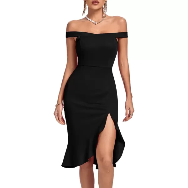 LYANER Women's Off Shoulder Ruffle Split Hem Bodycon Party Club Midi Dress